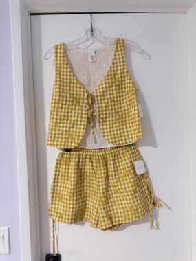 Altar'd State Tie front print plaid embroidered Tank, matching short with ties.